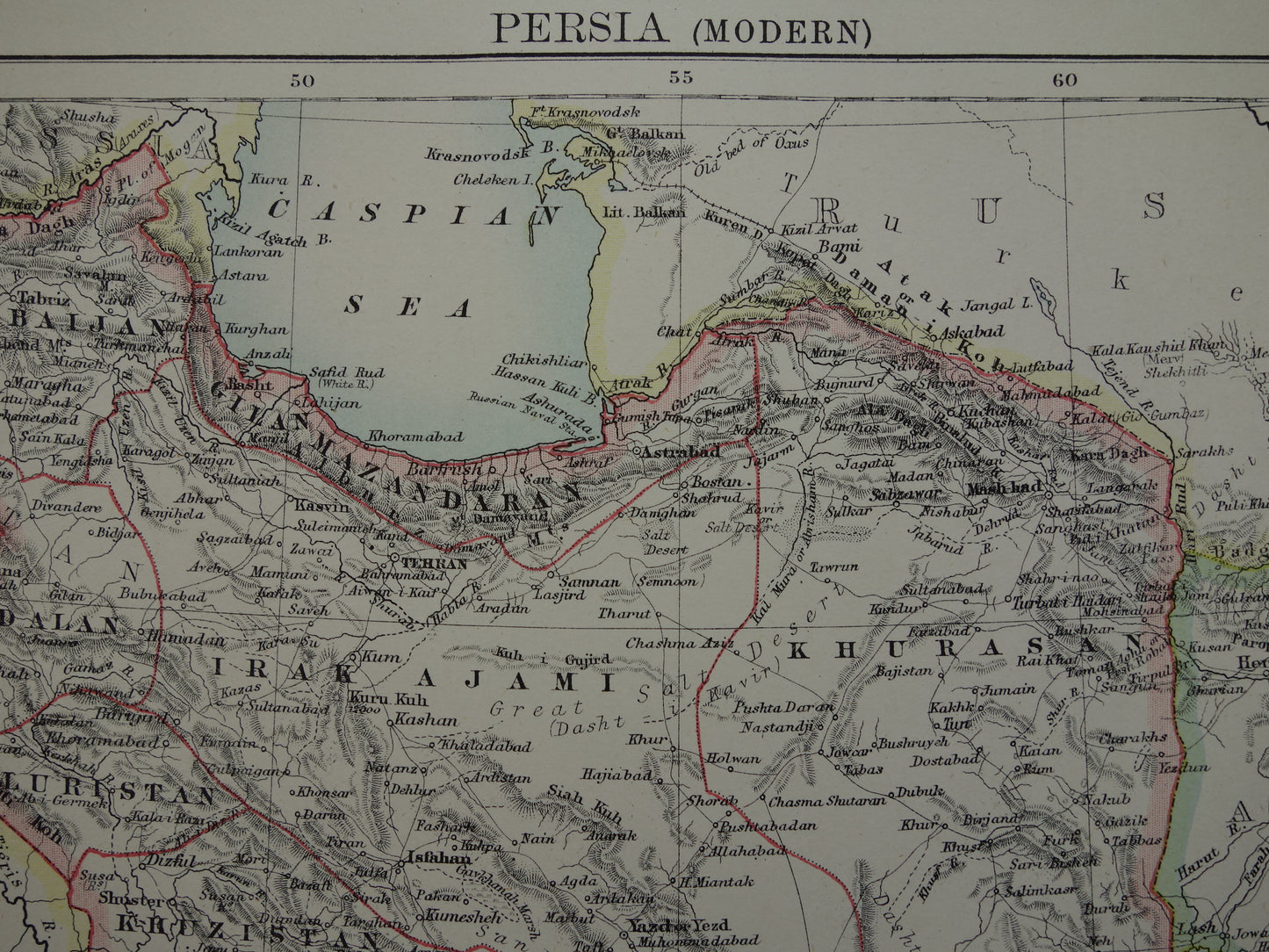 Originele oude kaart van Perzië / Iran uit 1883 antieke Engelse landkaart