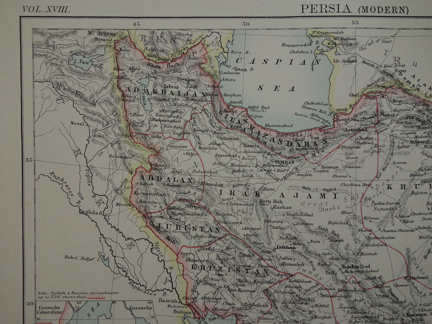 Originele oude kaart van Perzië / Iran uit 1883 antieke Engelse landkaart