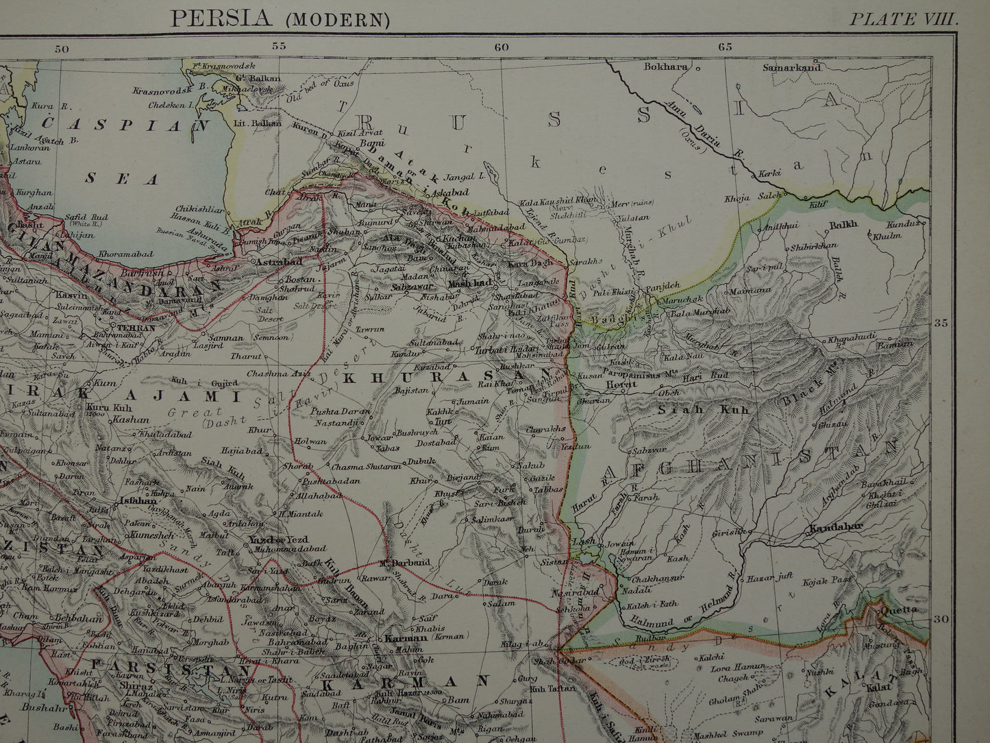 Originele oude kaart van Perzië / Iran uit 1883 antieke Engelse landkaart