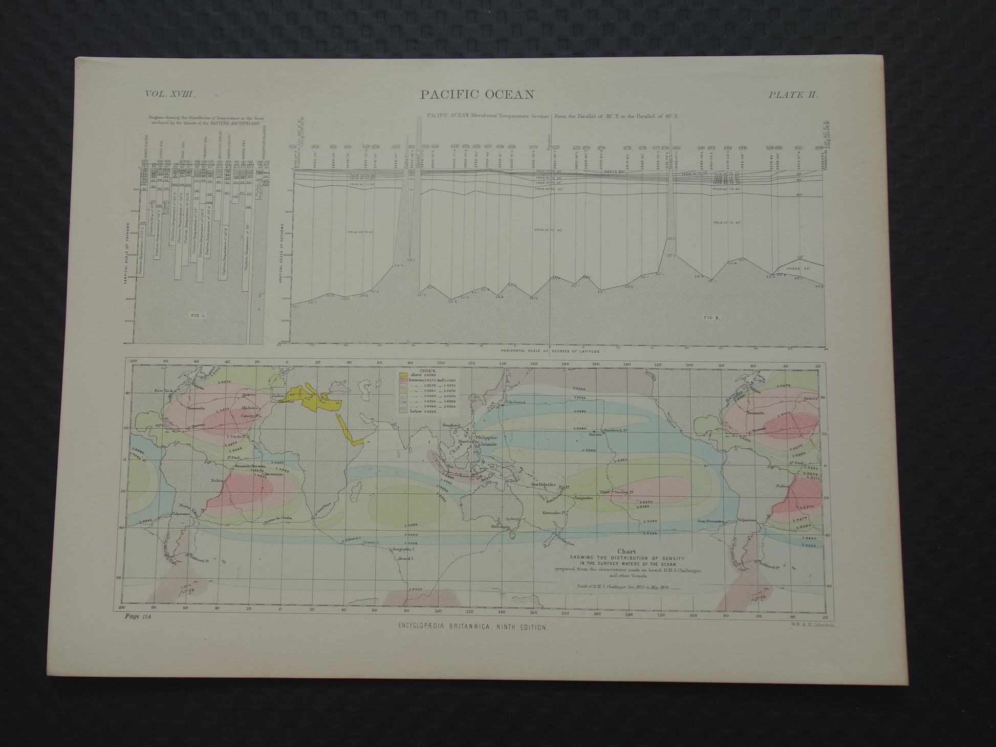 Antieke klimaatkaart van de Stille Oceaan - originele oude prent / kaart uit 1883 over temperatuur en dichtheid - HMS Challenger-expeditie