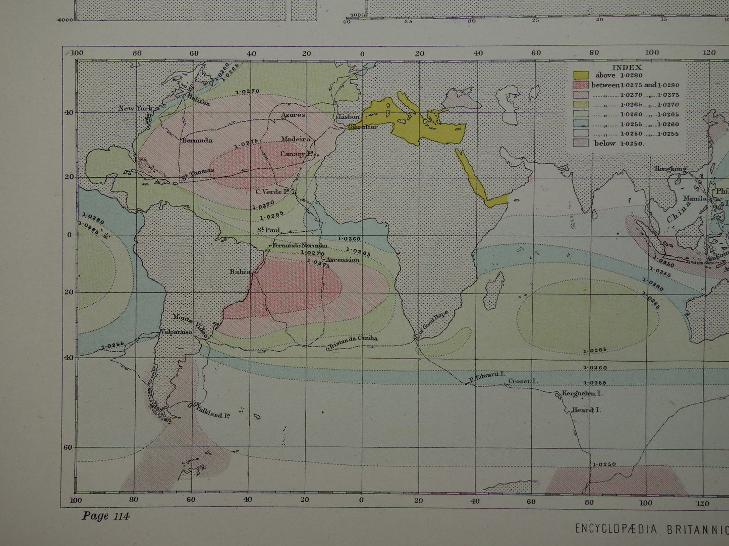 Antieke klimaatkaart van de Stille Oceaan - originele oude prent / kaart uit 1883 over temperatuur en dichtheid - HMS Challenger-expeditie