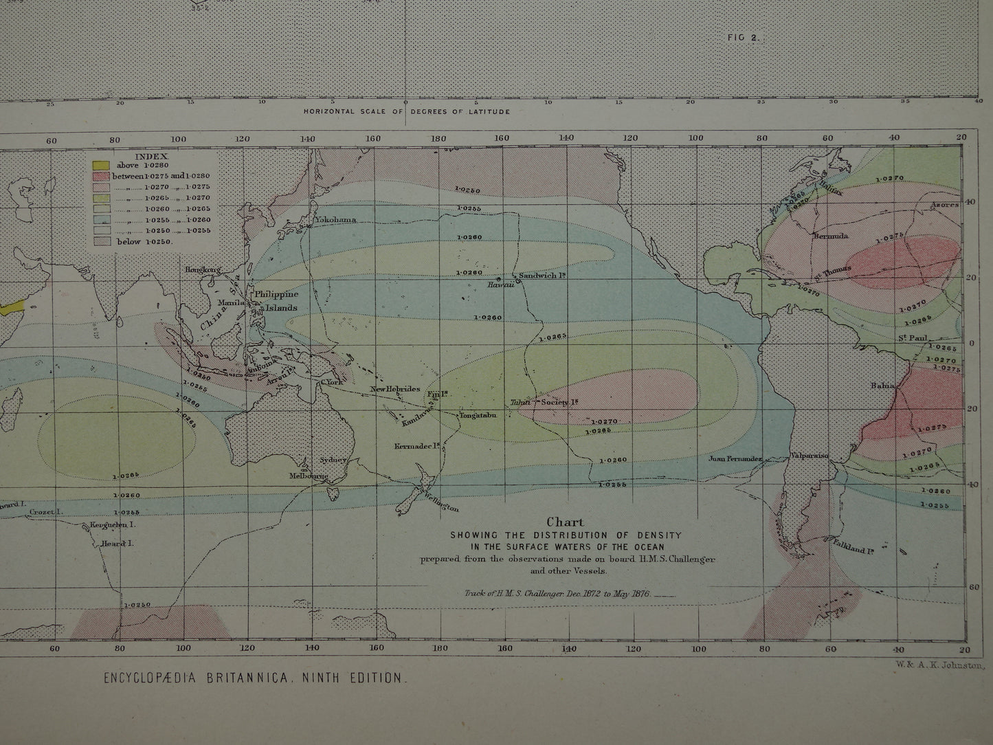 Antieke klimaatkaart van de Stille Oceaan - originele oude prent / kaart uit 1883 over temperatuur en dichtheid - HMS Challenger-expeditie