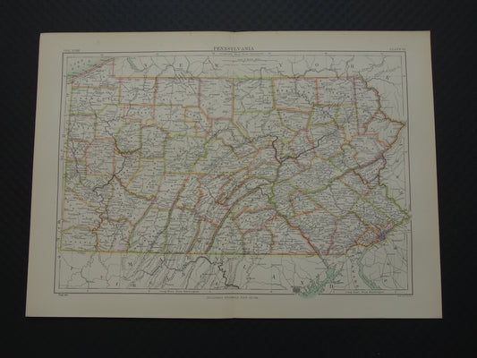Originele oude kaart van PENNSYLVANIA uit 1883 antieke Engelse landkaart