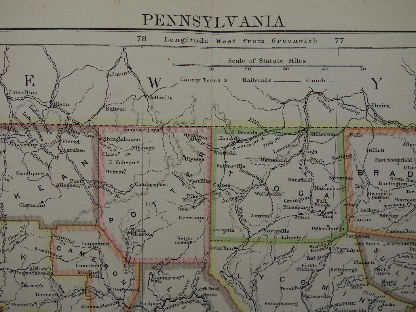 Originele oude kaart van PENNSYLVANIA uit 1883 antieke Engelse landkaart