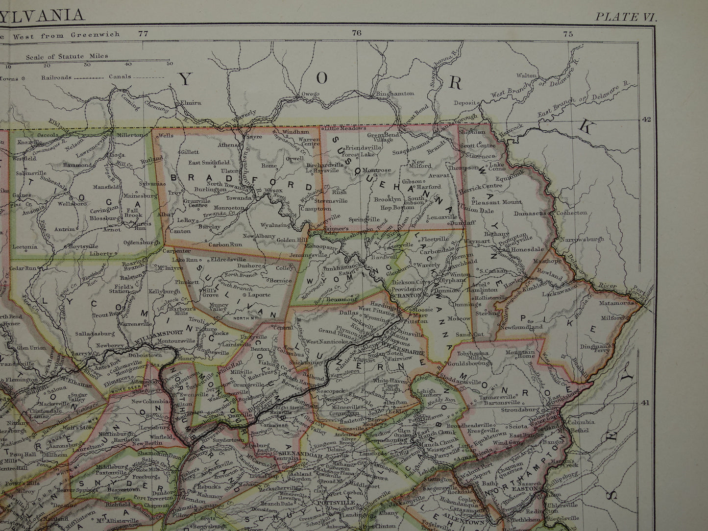 Originele oude kaart van PENNSYLVANIA uit 1883 antieke Engelse landkaart