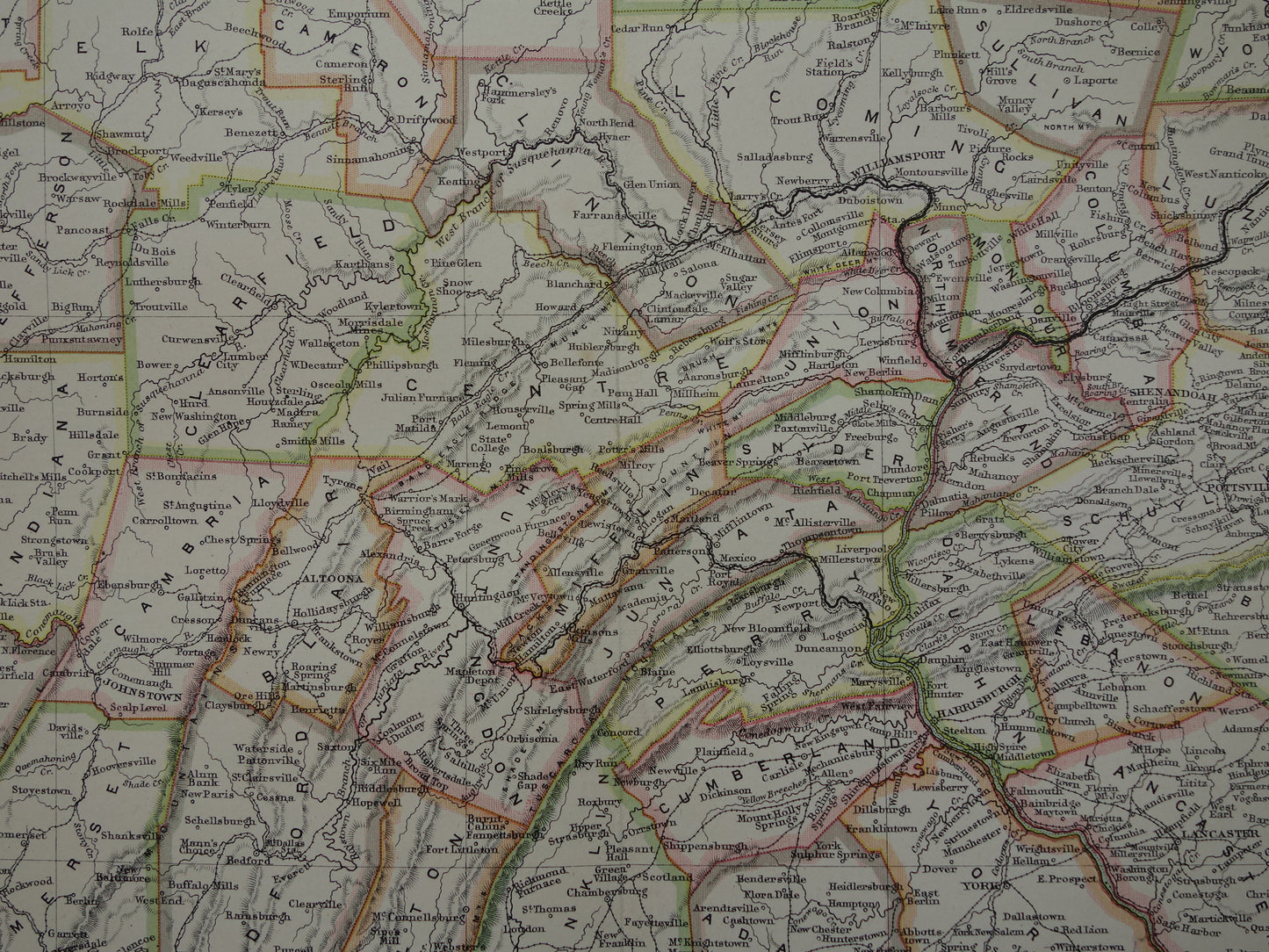 Originele oude kaart van PENNSYLVANIA uit 1883 antieke Engelse landkaart