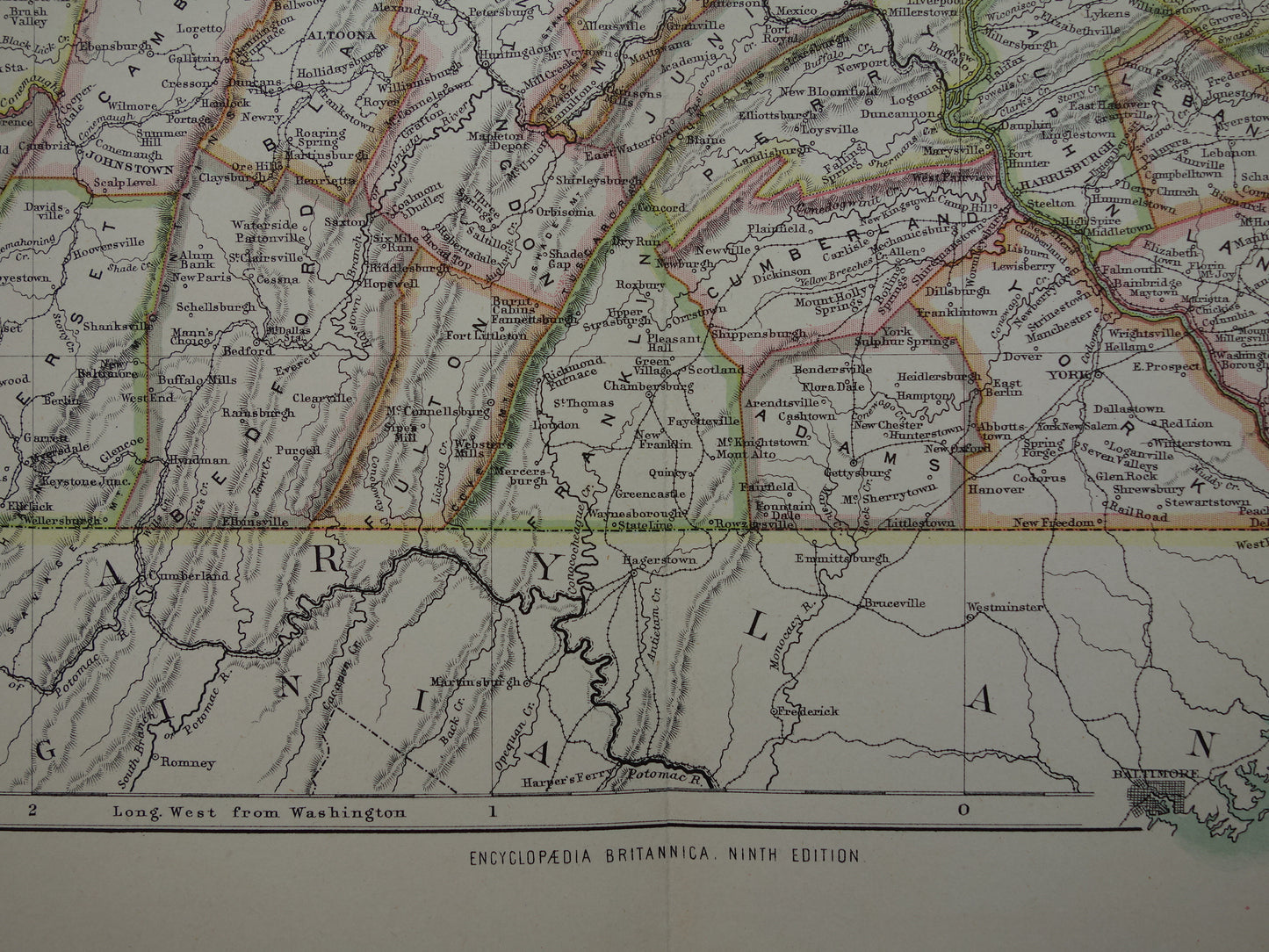 Originele oude kaart van PENNSYLVANIA uit 1883 antieke Engelse landkaart