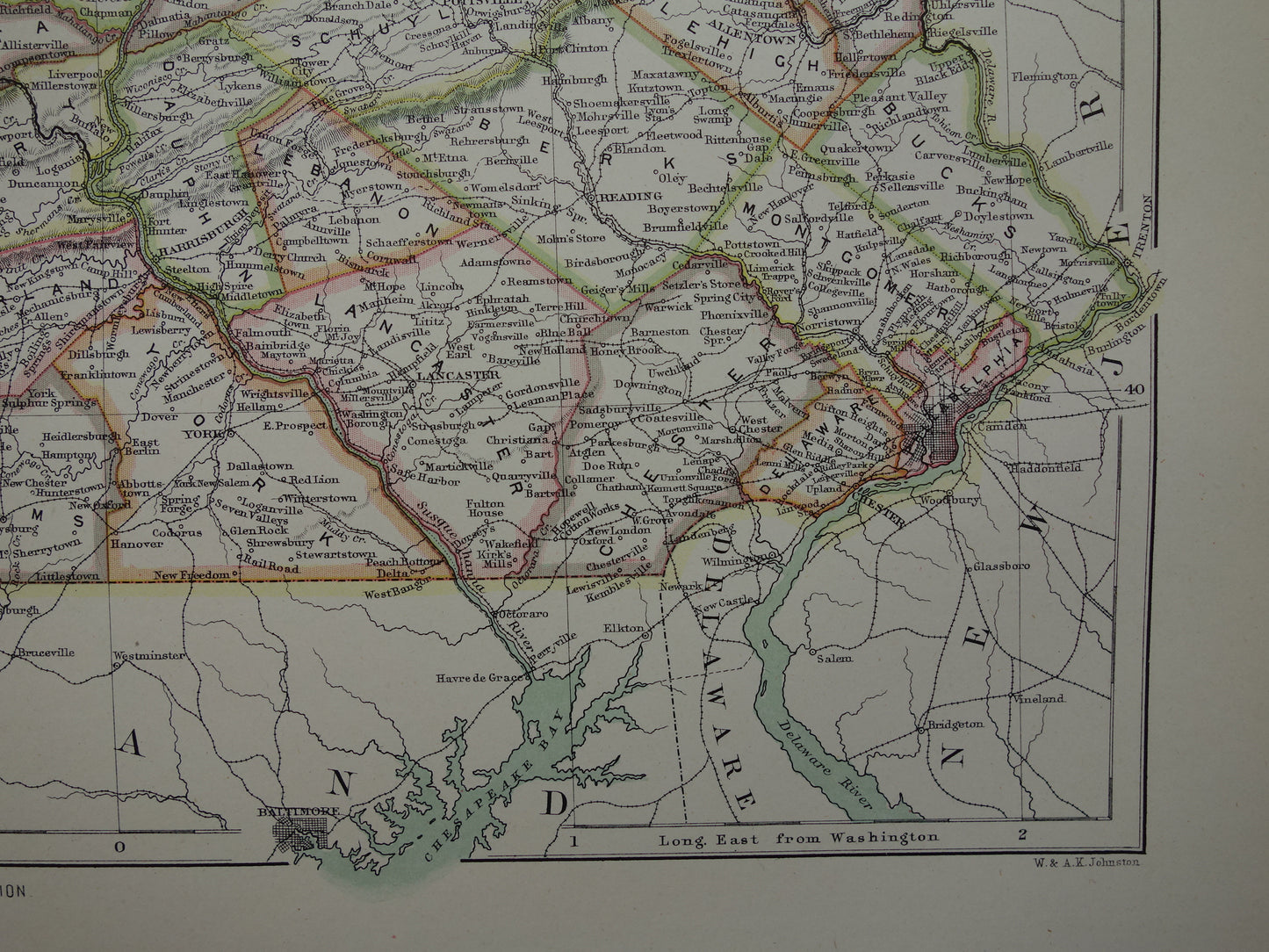Originele oude kaart van PENNSYLVANIA uit 1883 antieke Engelse landkaart