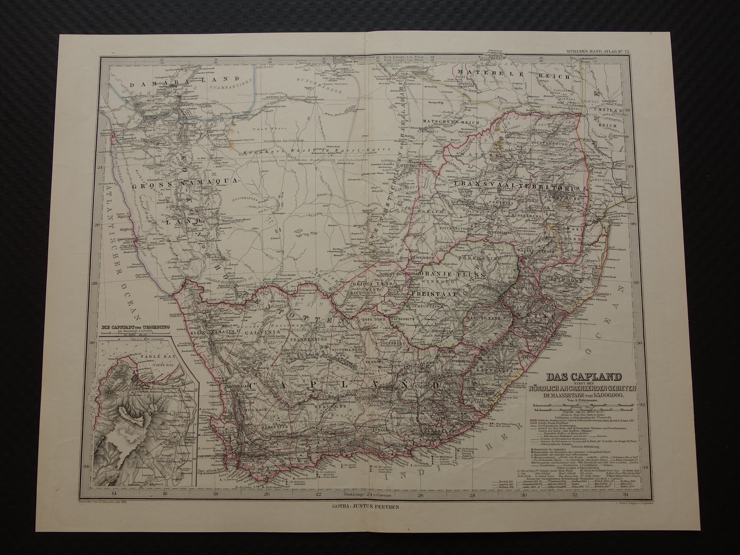 Oude landkaart van Zuid-Afrika in 1881 Grote originele 140+ jaar antieke kaart van Oranje Vrijstaat Namibië Botswana Kaapland Transvaal