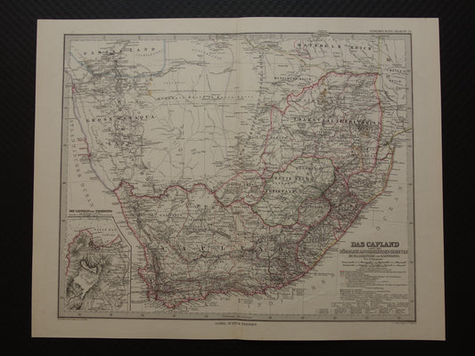 Oude landkaart van Zuid-Afrika in 1881 Grote originele 140+ jaar antieke kaart van Oranje Vrijstaat Namibië Botswana Kaapland Transvaal