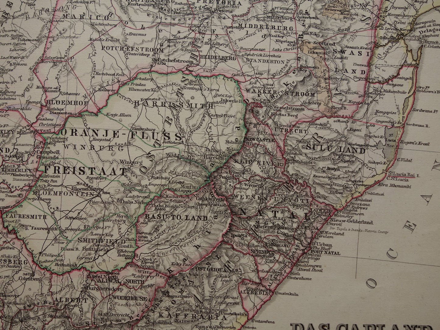 Oude landkaart van Zuid-Afrika in 1881 Grote originele 140+ jaar antieke kaart van Oranje Vrijstaat Namibië Botswana Kaapland Transvaal
