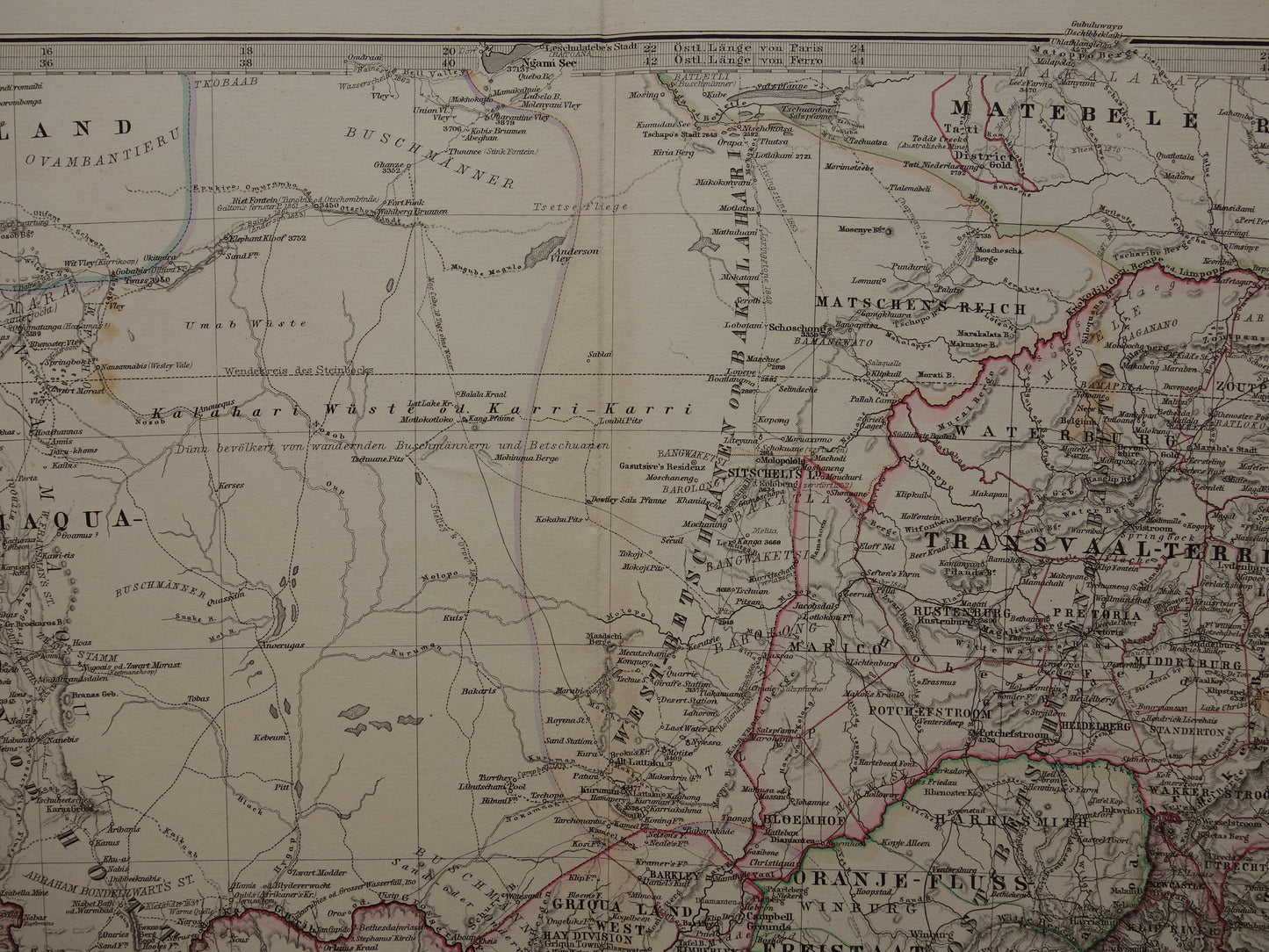 Oude landkaart van Zuid-Afrika in 1881 Grote originele 140+ jaar antieke kaart van Oranje Vrijstaat Namibië Botswana Kaapland Transvaal