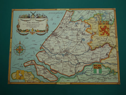 ZUID-HOLLAND Vintage kaart van de provincie Zuid-Holland uit 1947 Oude historische landkaart