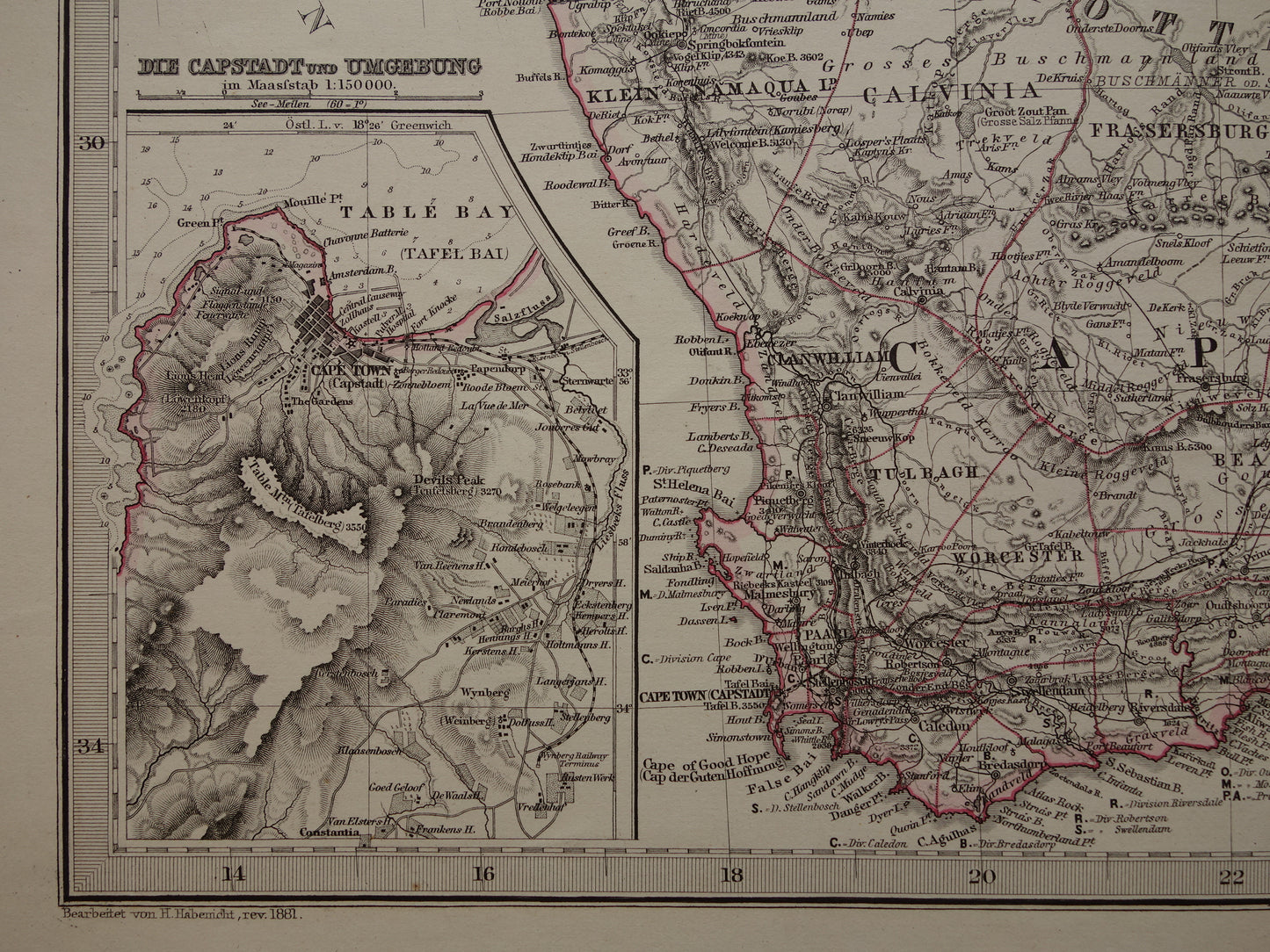 Oude landkaart van Zuid-Afrika in 1881 Grote originele 140+ jaar antieke kaart van Oranje Vrijstaat Namibië Botswana Kaapland Transvaal