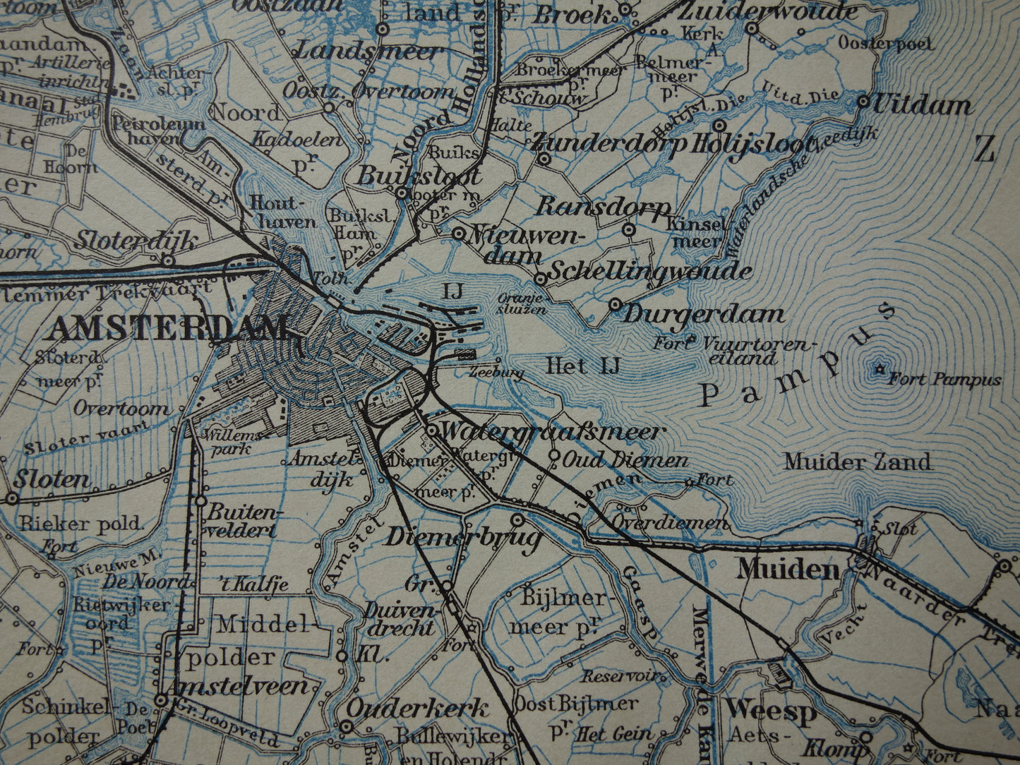 AMSTERDAM oude landkaart van Amsterdam en omgeving uit 1910 kleine originele antieke kaart Muiden Naarden Zaandam Noord-Holland