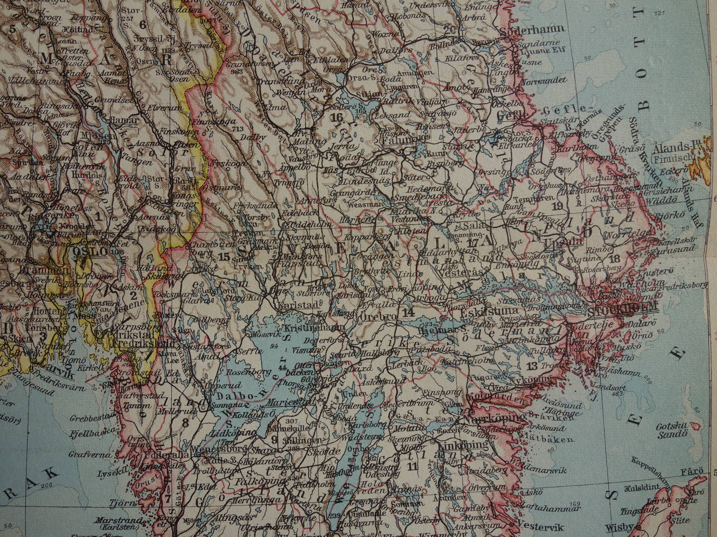 Oude kaart van Zweden en Noorwegen uit 1928 originele vintage landkaart Stockholm Oslo