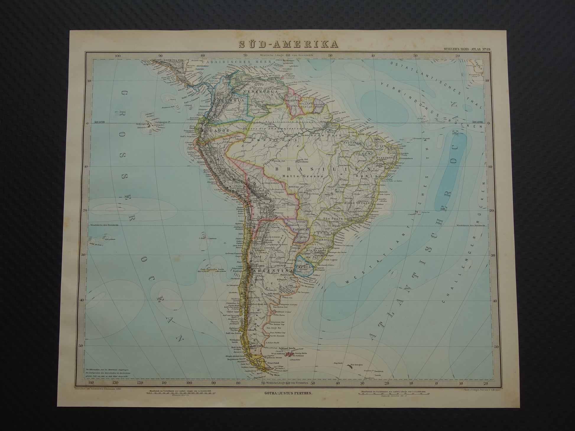 ZUID-AMERIKA vintage landkaart uit 1884 van continent Originele oude antieke kaart met jaartal