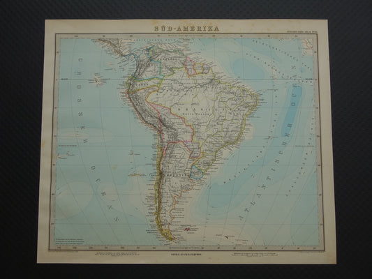 ZUID-AMERIKA vintage landkaart uit 1884 van continent Originele oude antieke kaart met jaartal