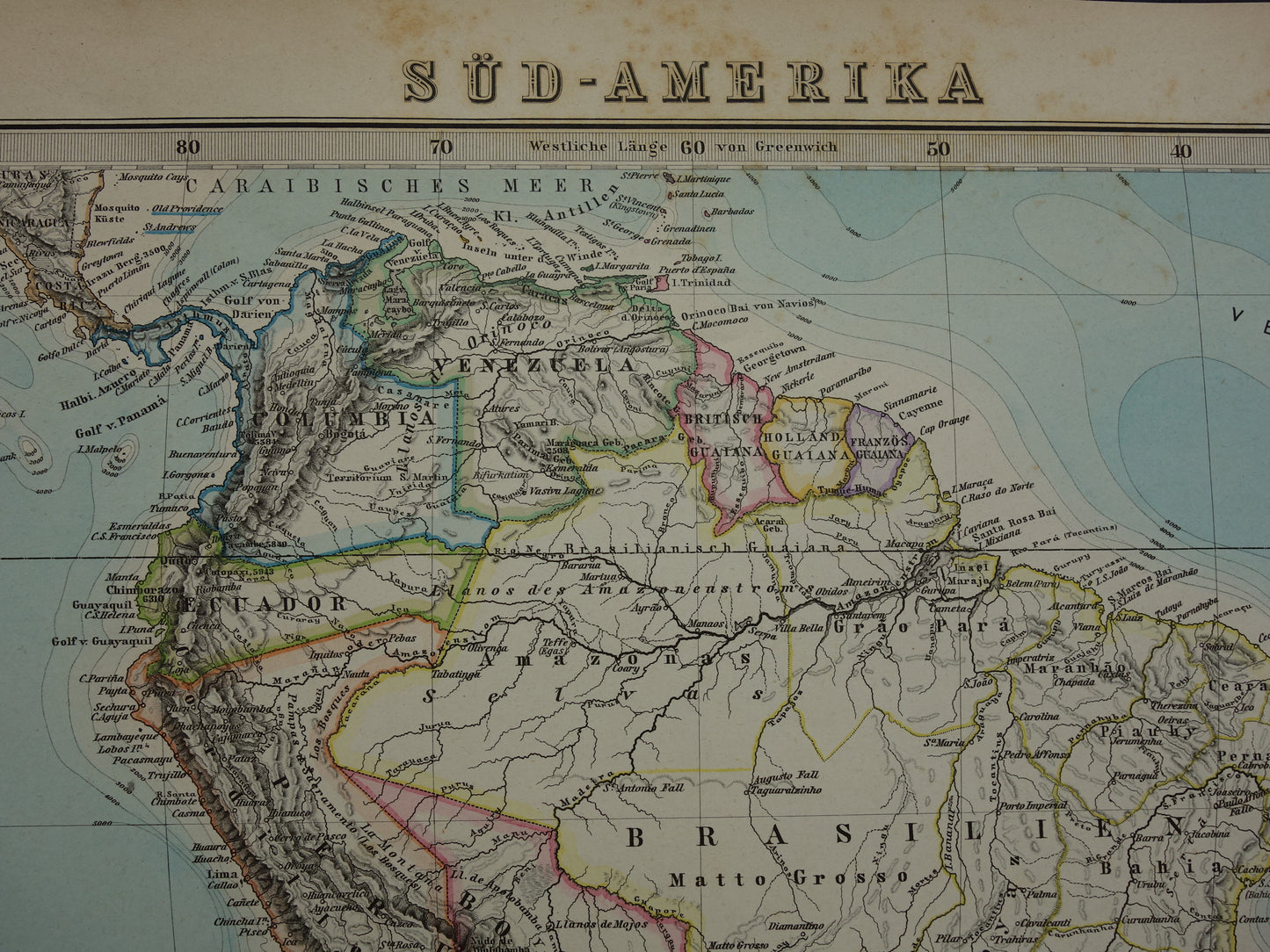 ZUID-AMERIKA vintage landkaart uit 1884 van continent Originele oude antieke kaart met jaartal