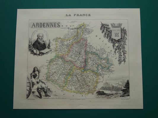 Oude kaart van Ardennes departement in Frankrijk uit 1856 originele antieke handgekleurde landkaart Charleville Mezieres Rethel Sedan Revin Ardennen