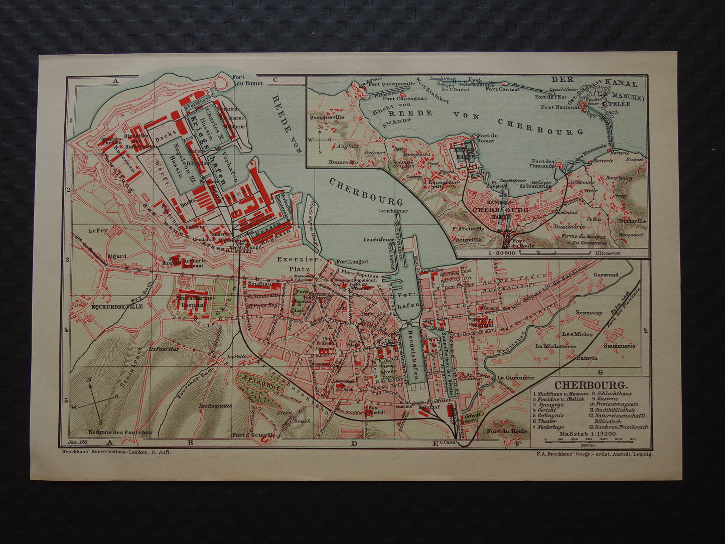 CHERBOURG antieke plattegrond oude kaart van Cherbourg Frankrijk uit 1911 - originele vintage historische kaarten met jaartal