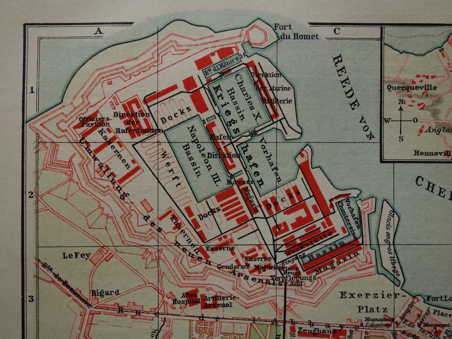 CHERBOURG antieke plattegrond oude kaart van Cherbourg Frankrijk uit 1911 - originele vintage historische kaarten met jaartal