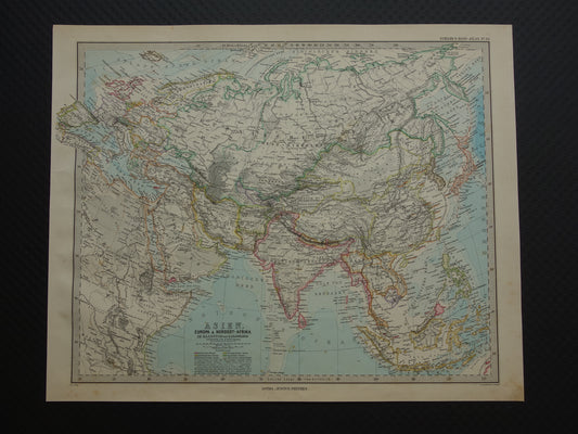 AZIË oude kaart van Azië in 1884 originele antieke Duitse landkaart