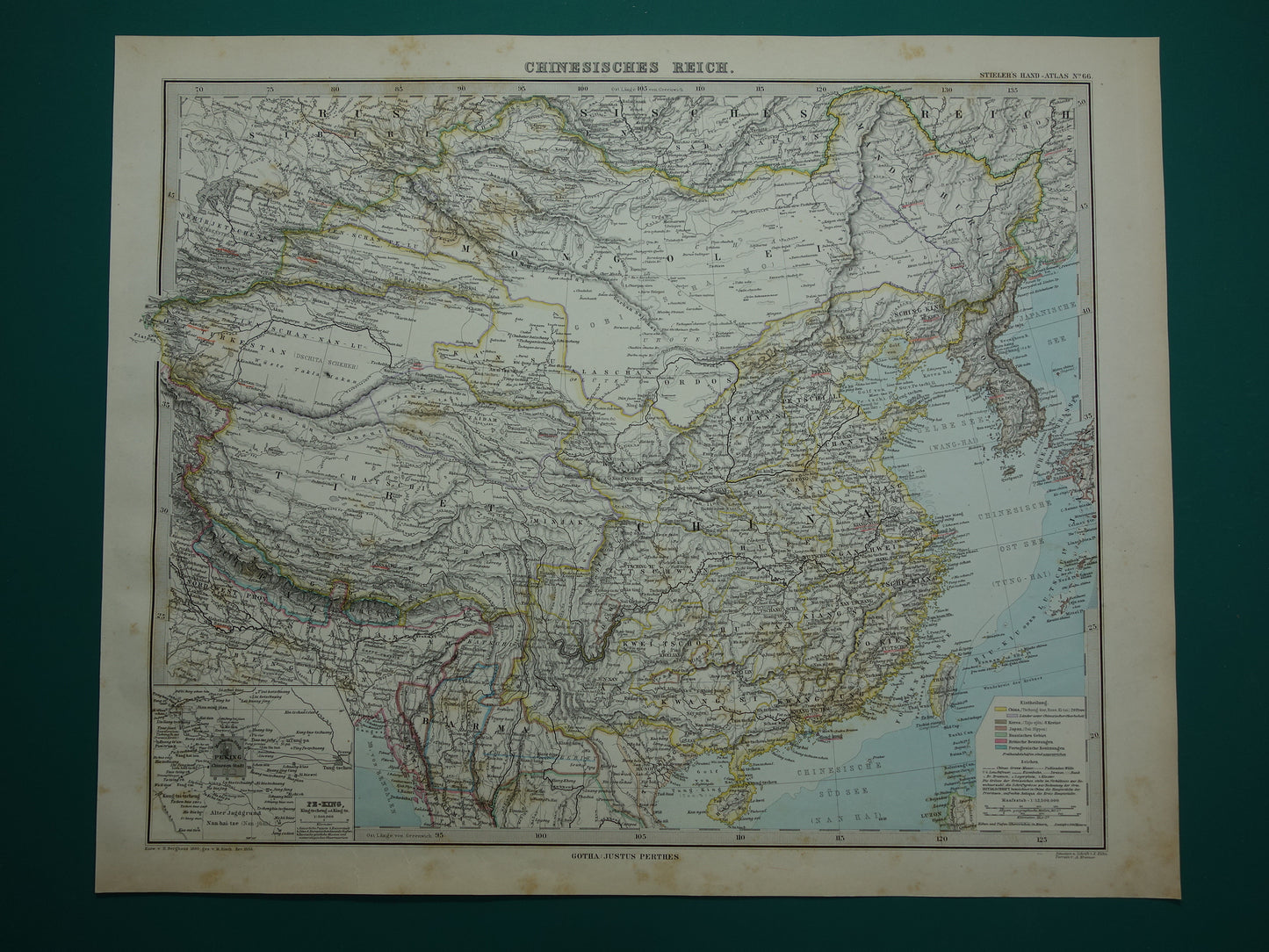 CHINA oude landkaart uit 1884 originele antieke Duitse kaart van China 37x46 cm groot