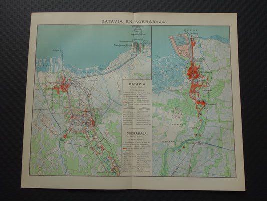 Oude kaart van Jakarta en Soerabaja Indonesië 1915 originele antieke plattegrond Batavia Surabaya vintage kaarten