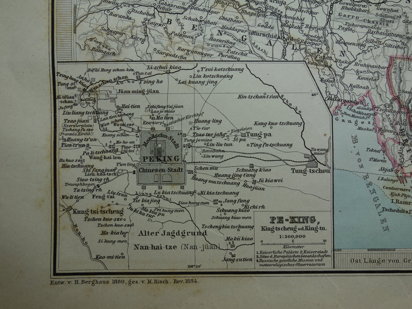 CHINA oude landkaart uit 1884 originele antieke Duitse kaart van China 37x46 cm groot