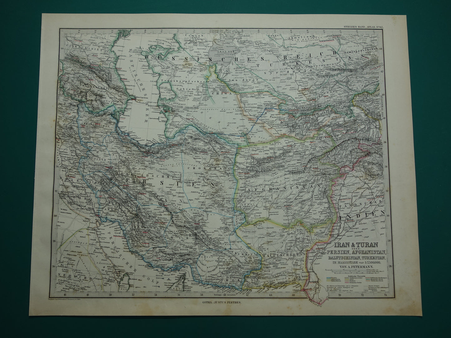 IRAN oude landkaart uit 1884 originele antieke Duitse kaart van Kaspische Zee 37x46 cm groot