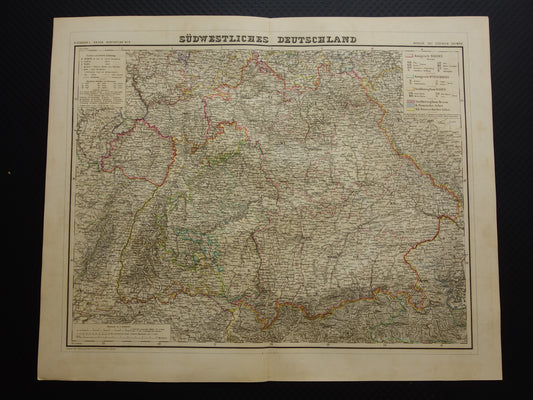 Grote oude kaart van Beieren Zuid-Duitsland Originele antieke landkaart 1860 Duitsland
