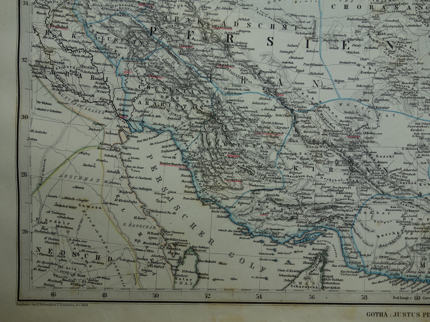 IRAN oude landkaart uit 1884 originele antieke Duitse kaart van Kaspische Zee 37x46 cm groot