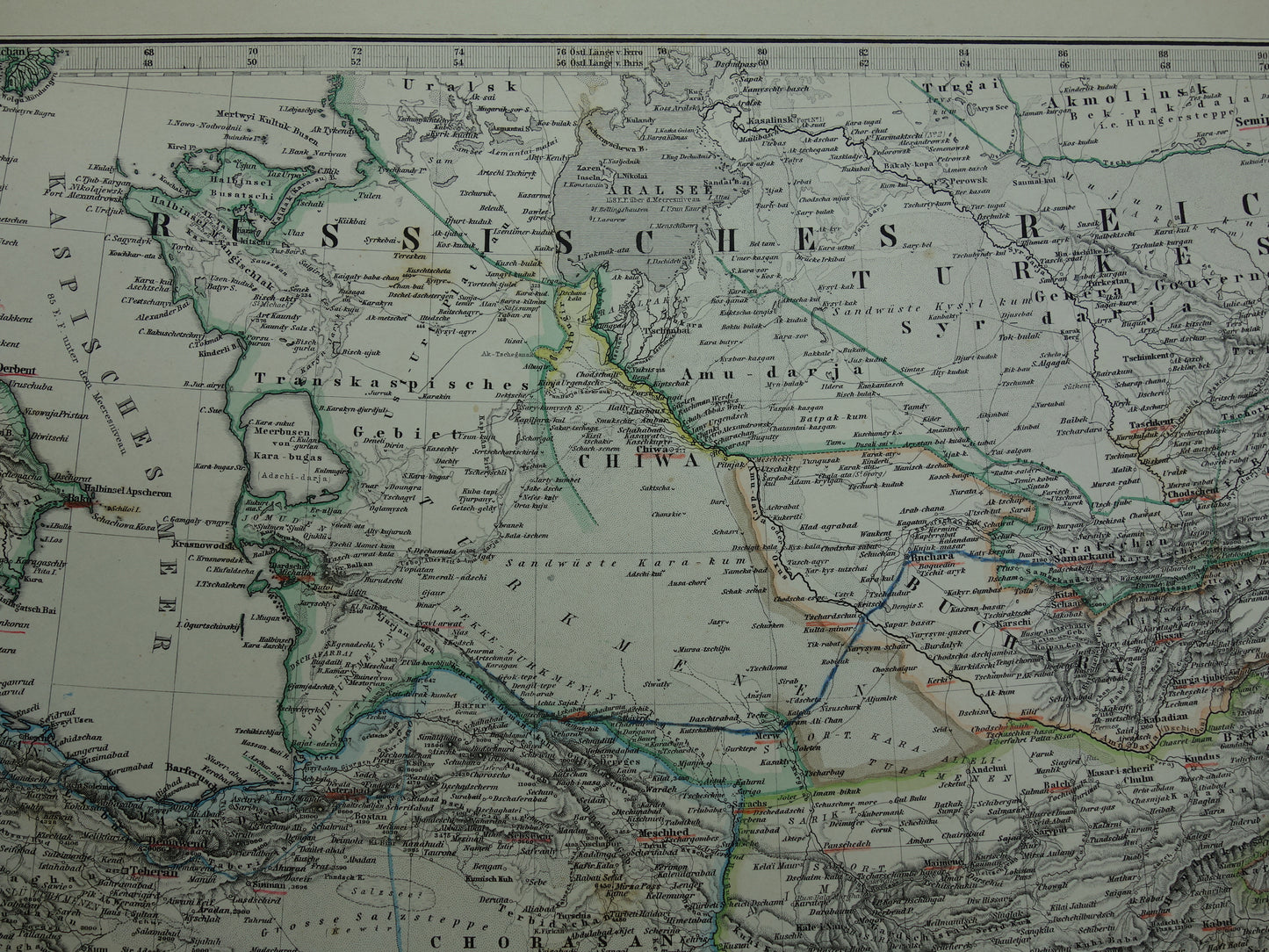 IRAN oude landkaart uit 1884 originele antieke Duitse kaart van Kaspische Zee 37x46 cm groot