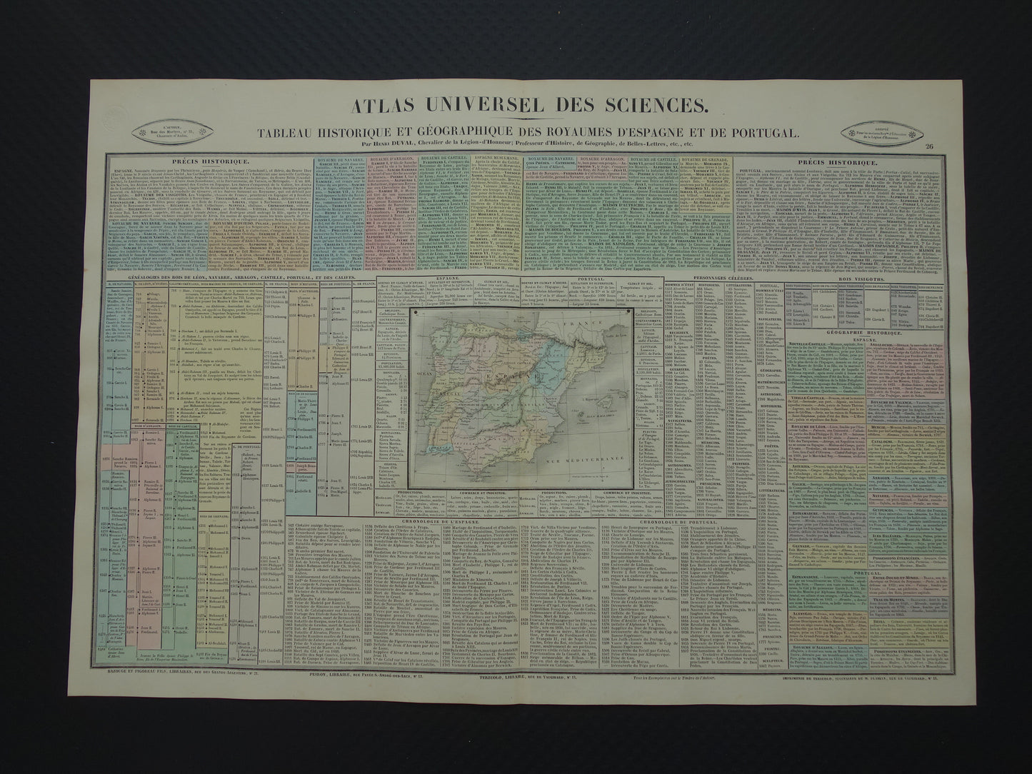 Spanje en Portugal Oude kaart Italië 1837 grote antieke gravure over geschiedenis van Spanje Portugal met vintage landkaart