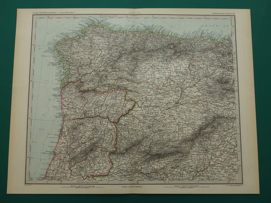 Oude kaart van noordwest Spanje Portugal 1886 originele antieke landkaart Salamanca Santander La Coruna
