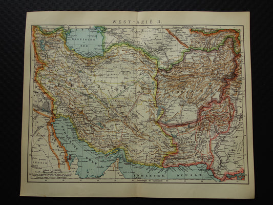 Oude Nederlandse landkaart van Perzië en Afghanistan 1915 originele antieke kaart van Iran Perziche Golf
