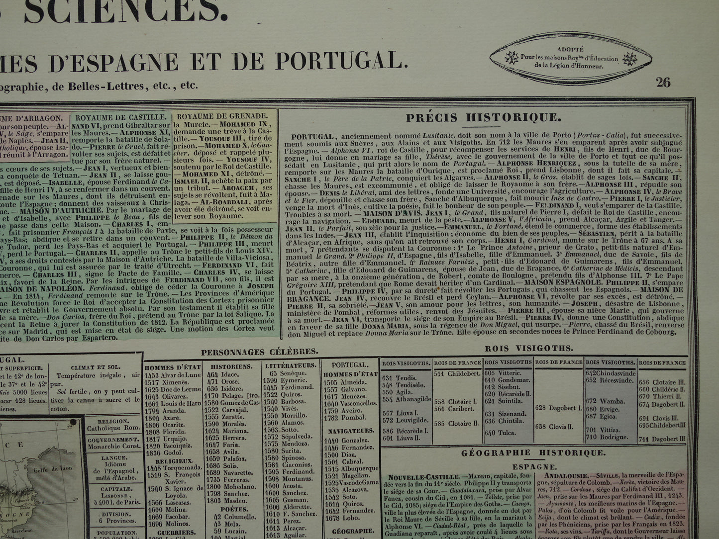 Spanje en Portugal Oude kaart 1837 grote antieke gravure over geschiedenis van Spanje Portugal met vintage landkaart
