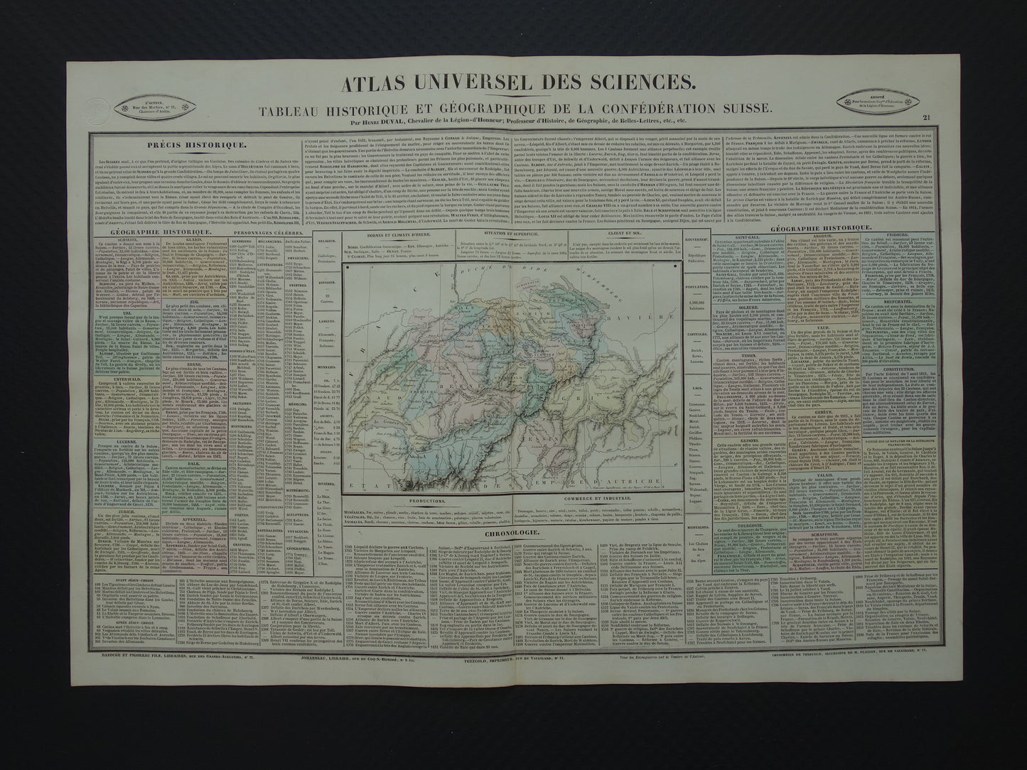ZWITSERLAND Oude kaart Zwitserland uit 1837 grote originele antieke gravure over geschiedenis van Zwitserland met vintage landkaart
