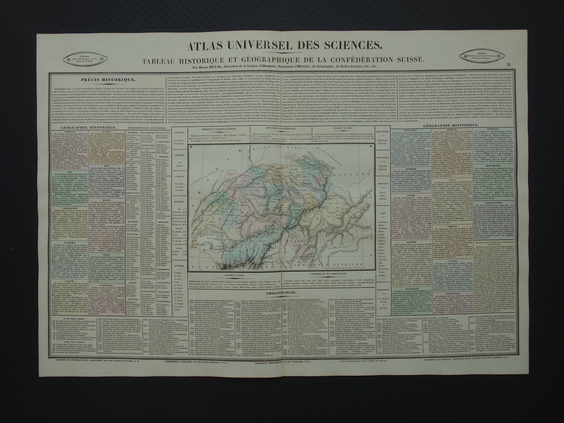 ZWITSERLAND Oude kaart Zwitserland uit 1837 grote originele antieke gravure over geschiedenis van Zwitserland met vintage landkaart
