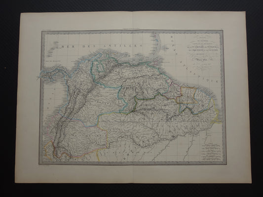 Colombia Venezuela grote oude kaart 1851 originele antieke landkaart Suriname Amazone rivier 