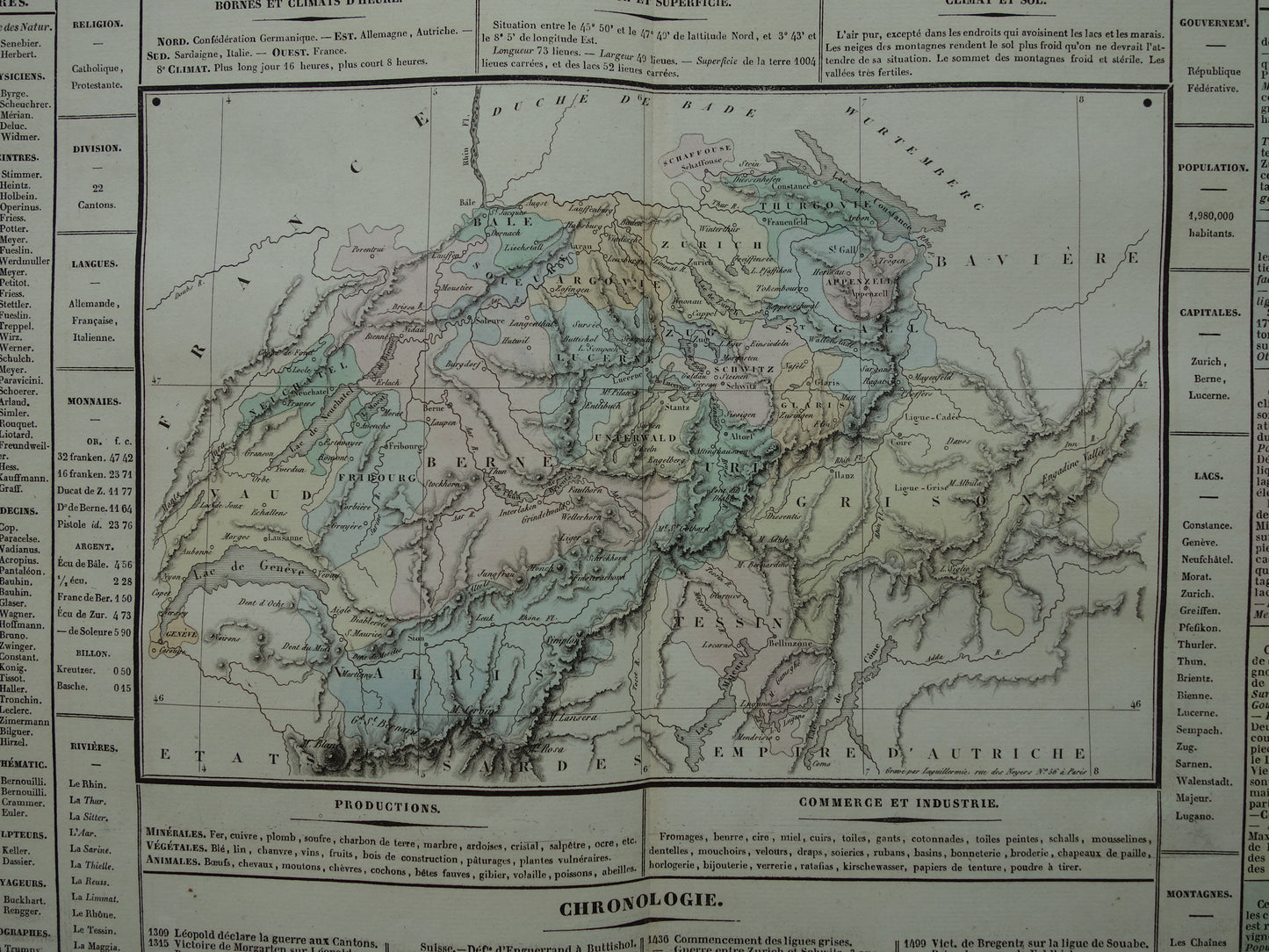 ZWITSERLAND Oude kaart Zwitserland uit 1837 grote originele antieke gravure over geschiedenis van Zwitserland met vintage landkaart
