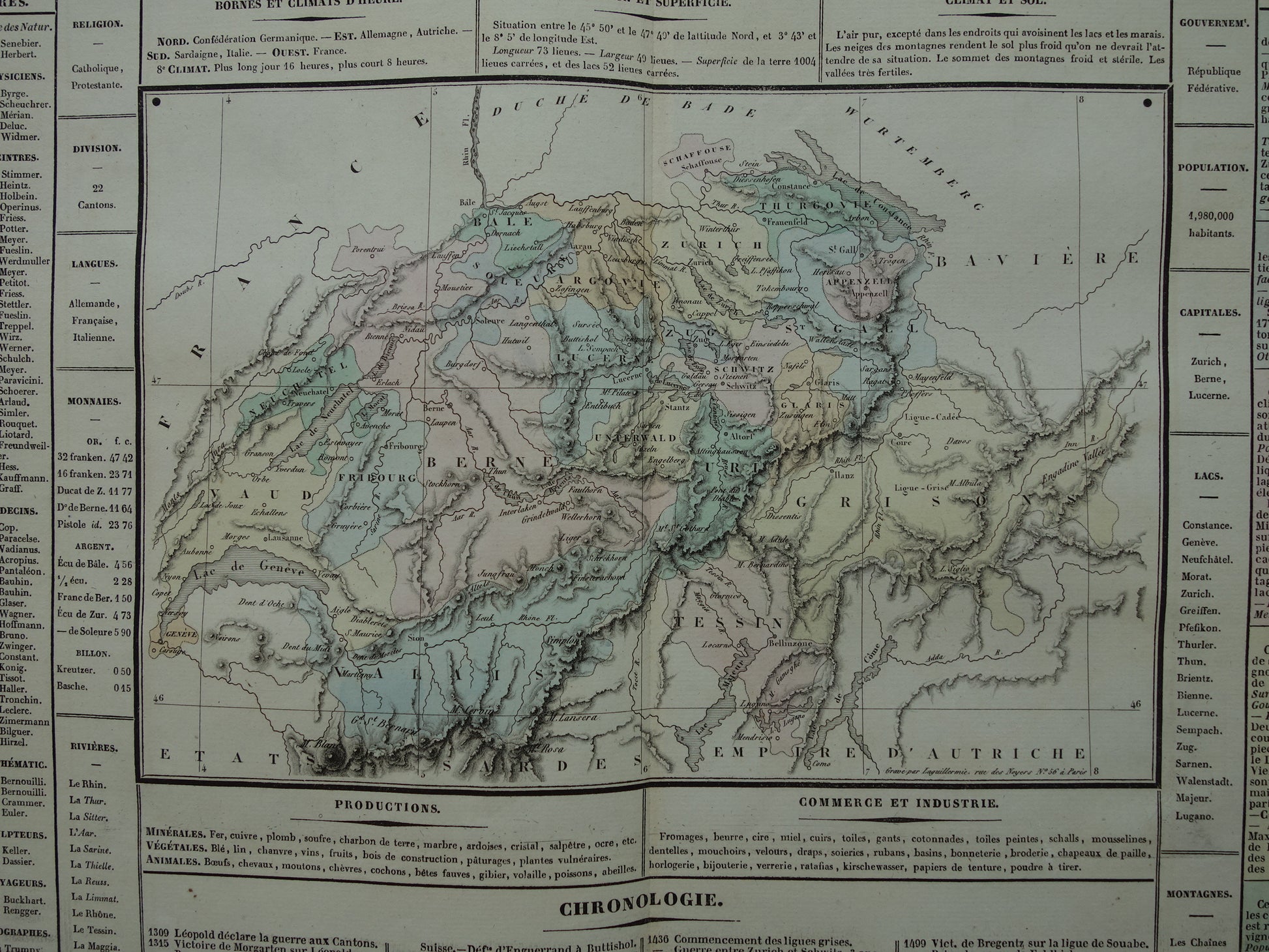 ZWITSERLAND Oude kaart Zwitserland uit 1837 grote originele antieke gravure over geschiedenis van Zwitserland met vintage landkaart