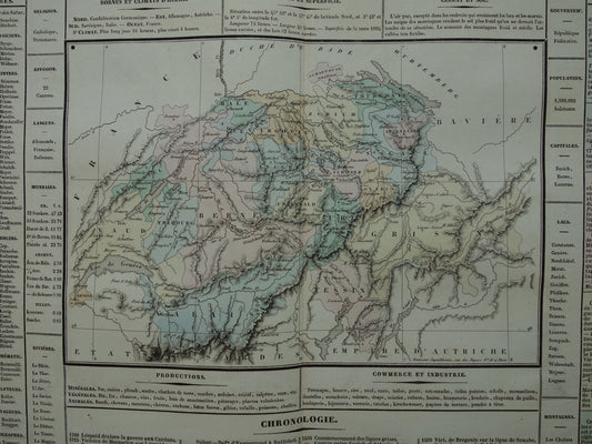 ZWITSERLAND Oude kaart Zwitserland uit 1837 grote originele antieke gravure over geschiedenis van Zwitserland met vintage landkaart