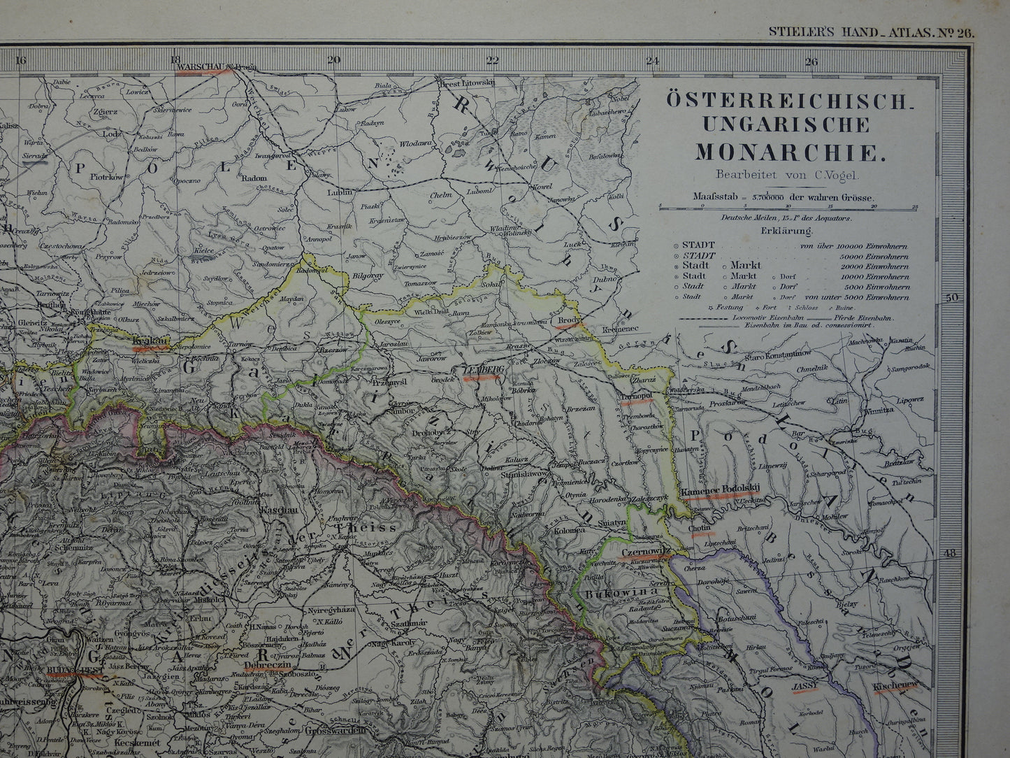 OOSTENRIJK-HONGARIJE oude landkaart uit 1884 originele antieke Duitse kaart van  37x46 cm groot