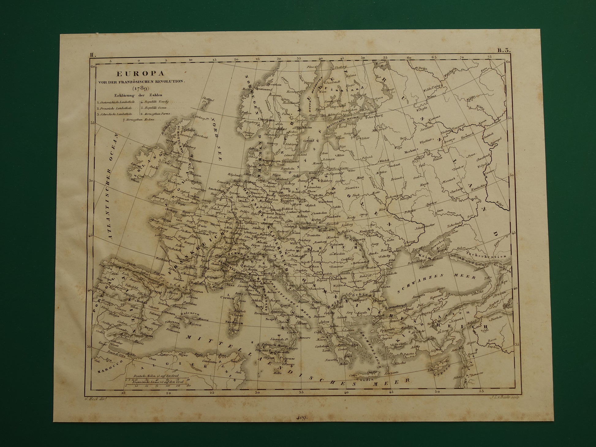 Oude kaart van Europa in 1789 bij start Franse revolutie Originele antieke kaart zwart/wit geschiedeniskaart
