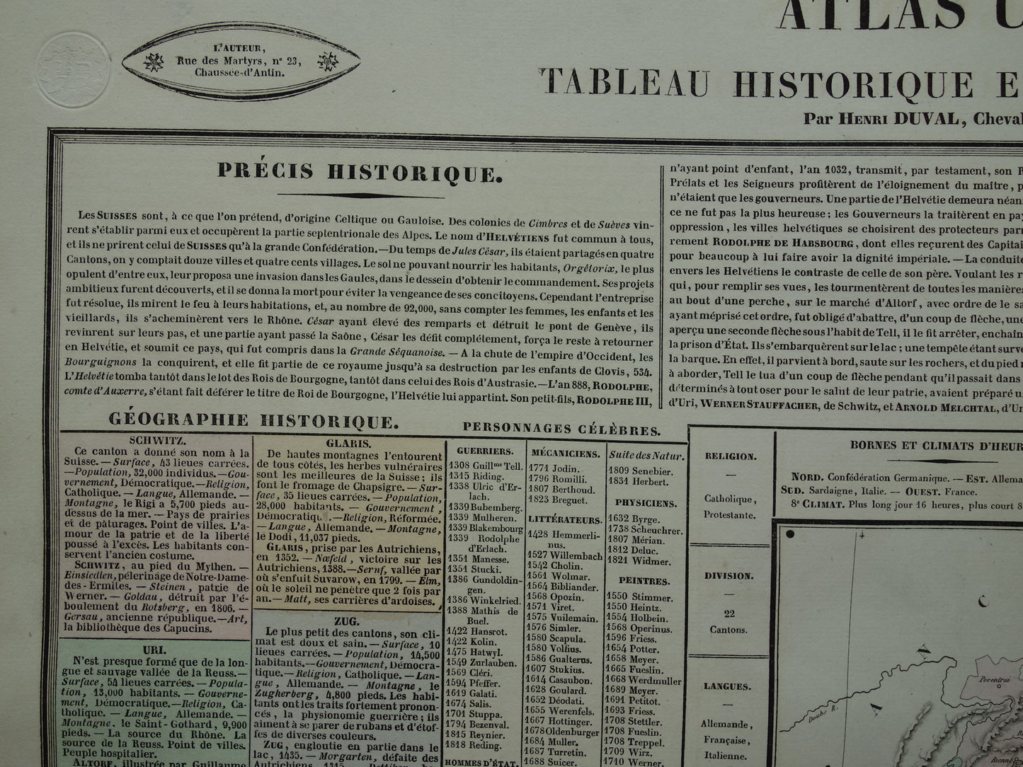 ZWITSERLAND Oude kaart Zwitserland uit 1837 grote originele antieke gravure over geschiedenis van Zwitserland met vintage landkaart
