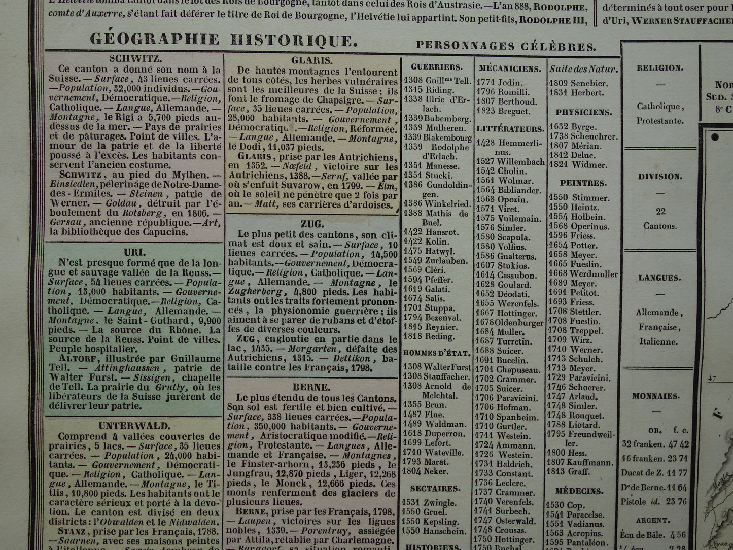 ZWITSERLAND Oude kaart Zwitserland uit 1837 grote originele antieke gravure over geschiedenis van Zwitserland met vintage landkaart
