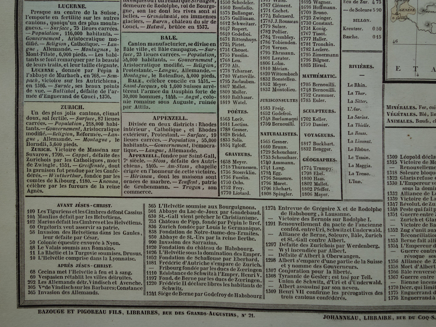 ZWITSERLAND Oude kaart Zwitserland uit 1837 grote originele antieke gravure over geschiedenis van Zwitserland met vintage landkaart