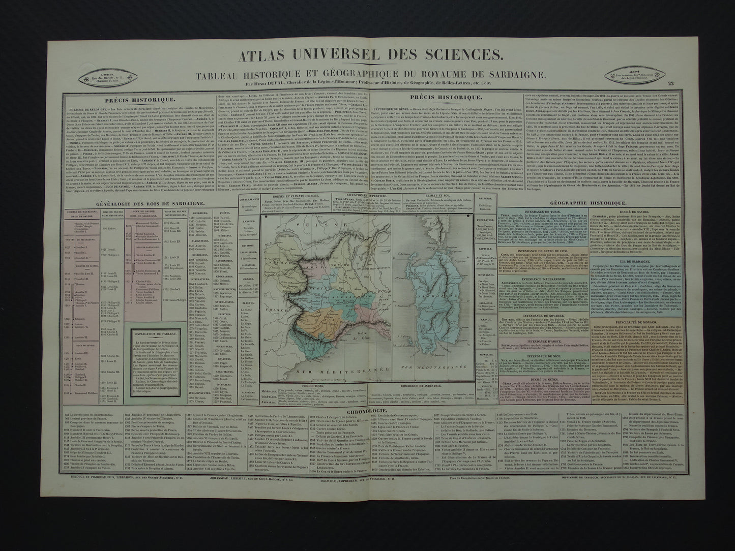 Koninkrijk Sardinië Oude kaart Italië 1837 grote antieke gravure over geschiedenis van Koninkrijk Sardinië met vintage landkaart